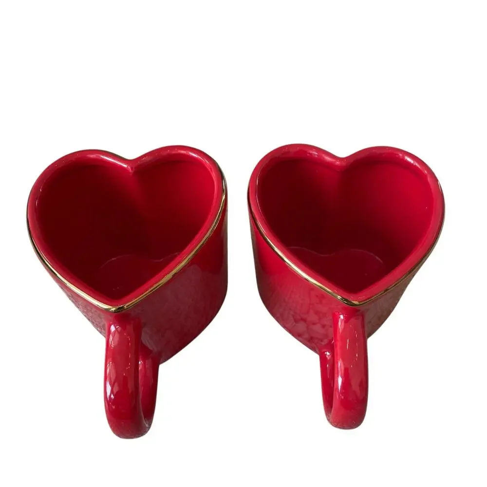 Target Threshold Heart Shaped VALENTINE Mugs Red Gold Rim 14.3oz Set of 2 New